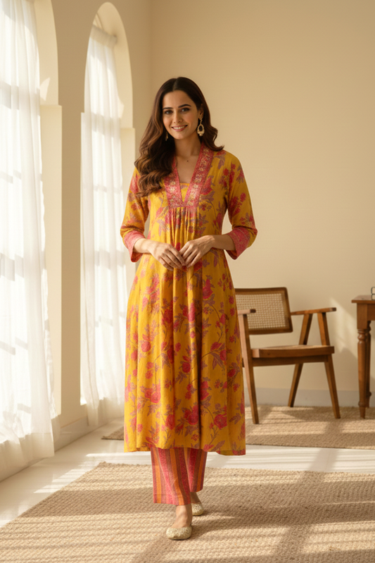 Mustard Printed Viscose Modal A-Line Gathered Yoke Kurta with Pink Printed Pant