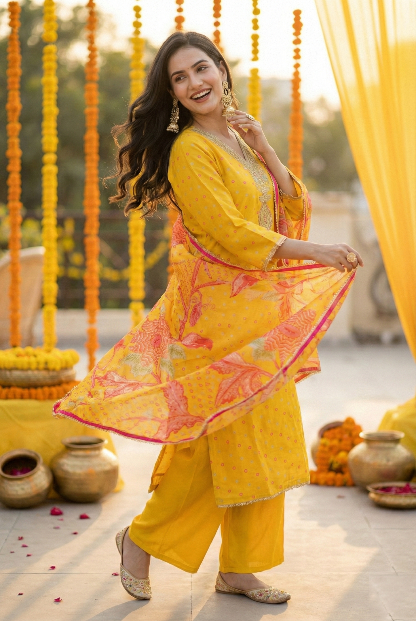 Soft Summer Yellow Pure Viscose 3-Piece Ethnic Suit Set – Kurta, Pant & Floral Silk Dupatta