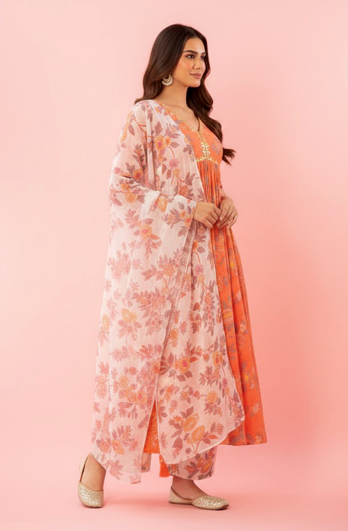 Orange Floral Printed A-Line Kurta Palazzo Set